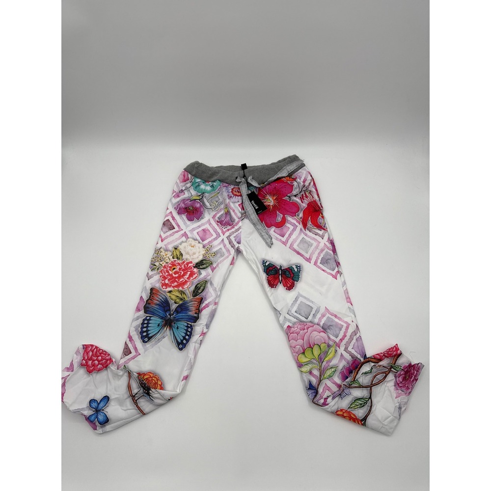 Venti6 Floral Butterfly Print Jogger Pants Made in Italy Grey Waist Small